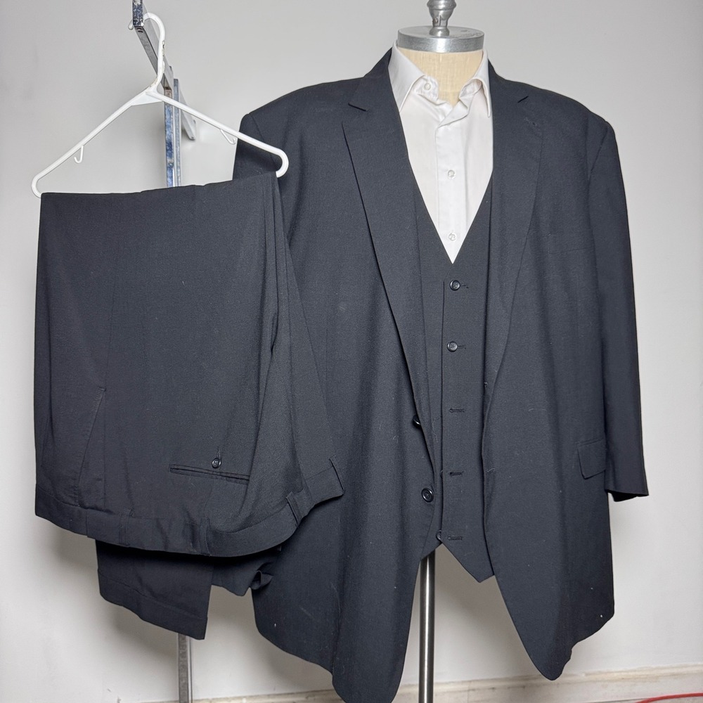 GS 3-Piece Suit Mens 60L 50x31 Black Solid Wool Blend 2-Button Vest Trousers